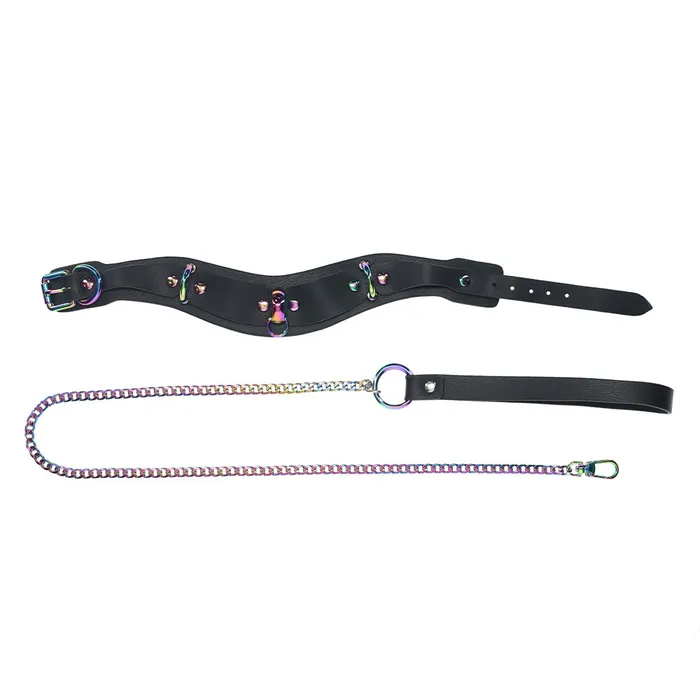 Ouch Venice Faux Leather Collar Rainbow Neochrome Chain Leash Shots Media Couples