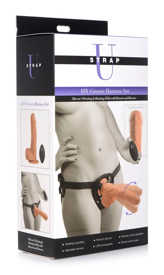 10x Groove Harness With Vibrating amp Rotating Dildo Flesh XR Brands Strap U Female Sex Toys